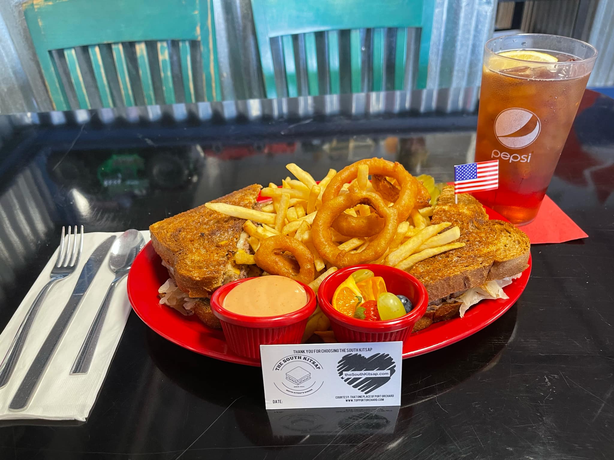 South Kitsap Reuben Burger with corned beef, sauerkraut, and Swiss cheese