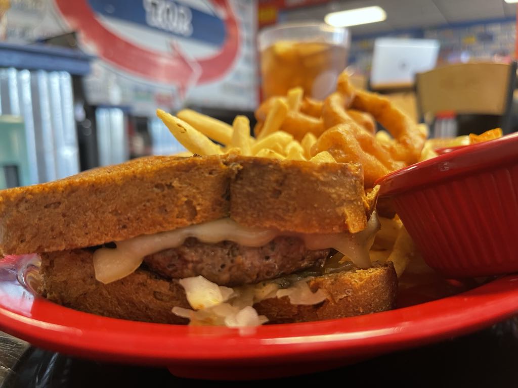 South Kitsap Reuben Burger with sides